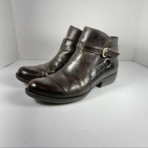 Born "Baily" Brown Leather Zip Belted Bootie Ankle Boots